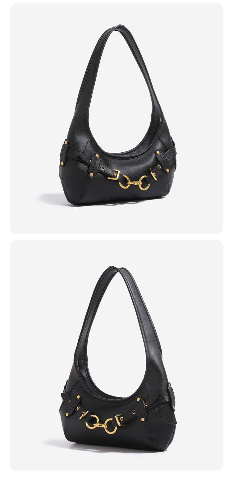 Slouchy hobo shoulder bag with gold-tone ring-and-buckle front hardware, zip top closure, and matte textured finish, detail