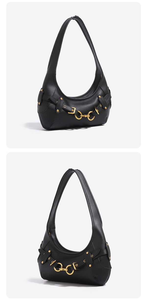 Slouchy hobo shoulder bag with gold-tone ring-and-buckle front hardware, zip top closure, and matte textured finish, detail