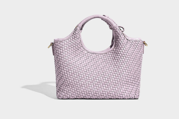 Woven texture tote bag with knotted top handles, attached front mini pouch, and gold-tone hardware, detail view 27