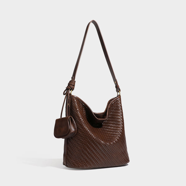 Woven-look slouchy hobo shoulder bag in brown with attached mini pouch and gold-tone hardware, front view