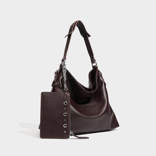 Large slouchy hobo shoulder bag in dark brown with smooth leather-look finish, adjustable strap, and silver-tone hardware