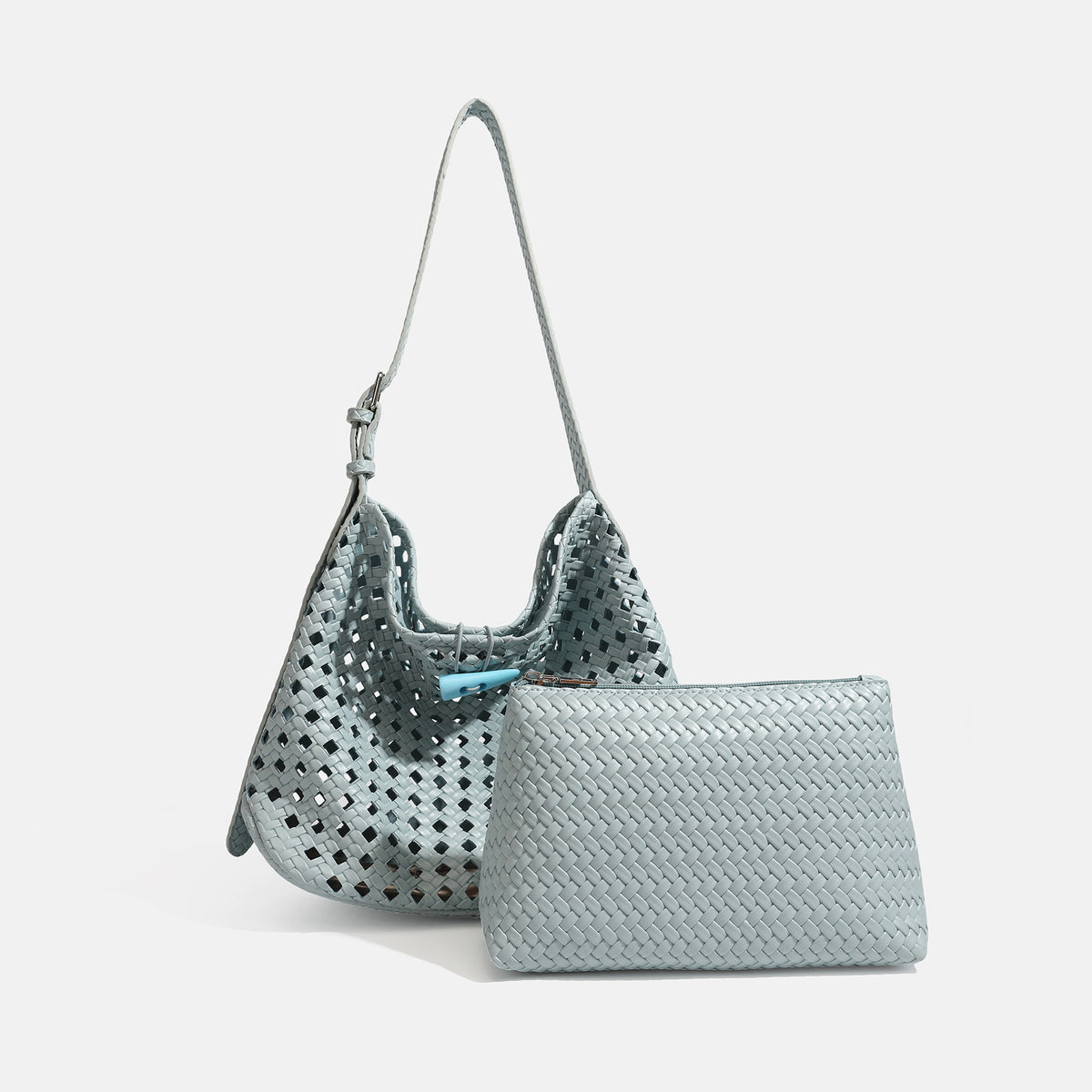 Brown open-lattice woven leather-look hobo shoulder bag with braided strap and matching zip pouch, detail view 10