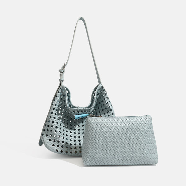 Brown open-lattice woven leather-look hobo shoulder bag with braided strap and matching zip pouch, detail view 10