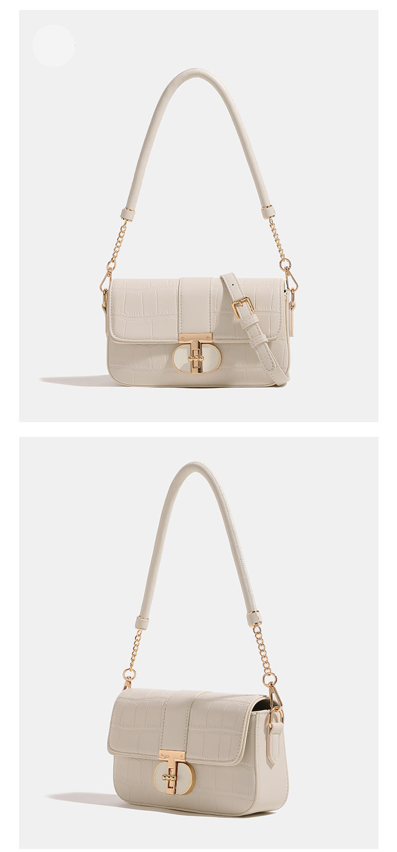 Small structured crocodile-embossed flap shoulder bag with circular gold turn-lock closure and chain-accent strap, detail