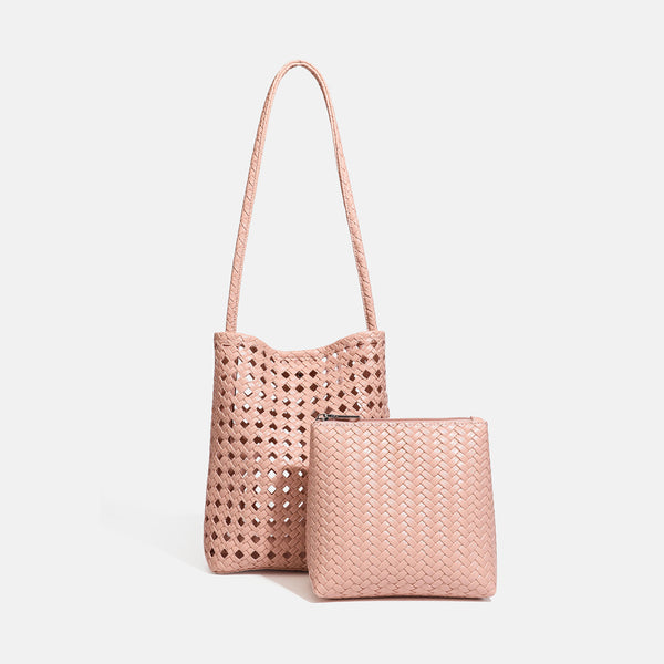 Altrosa Bucket-Bag aus offenmaschigem Webmaterial mit langem Flechtriemen und passender Innentasche mit Reißverschluss, Detailansicht 6