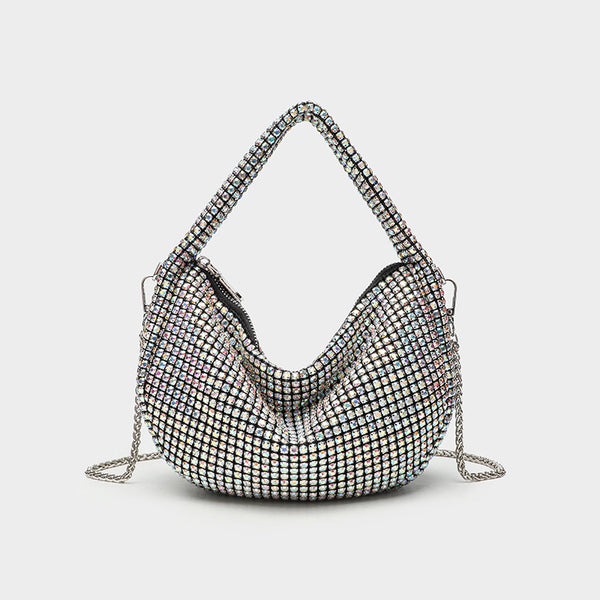 All-over crystal rhinestone hobo bag with silver chain strap and top handle, top zip closure, detail view 4