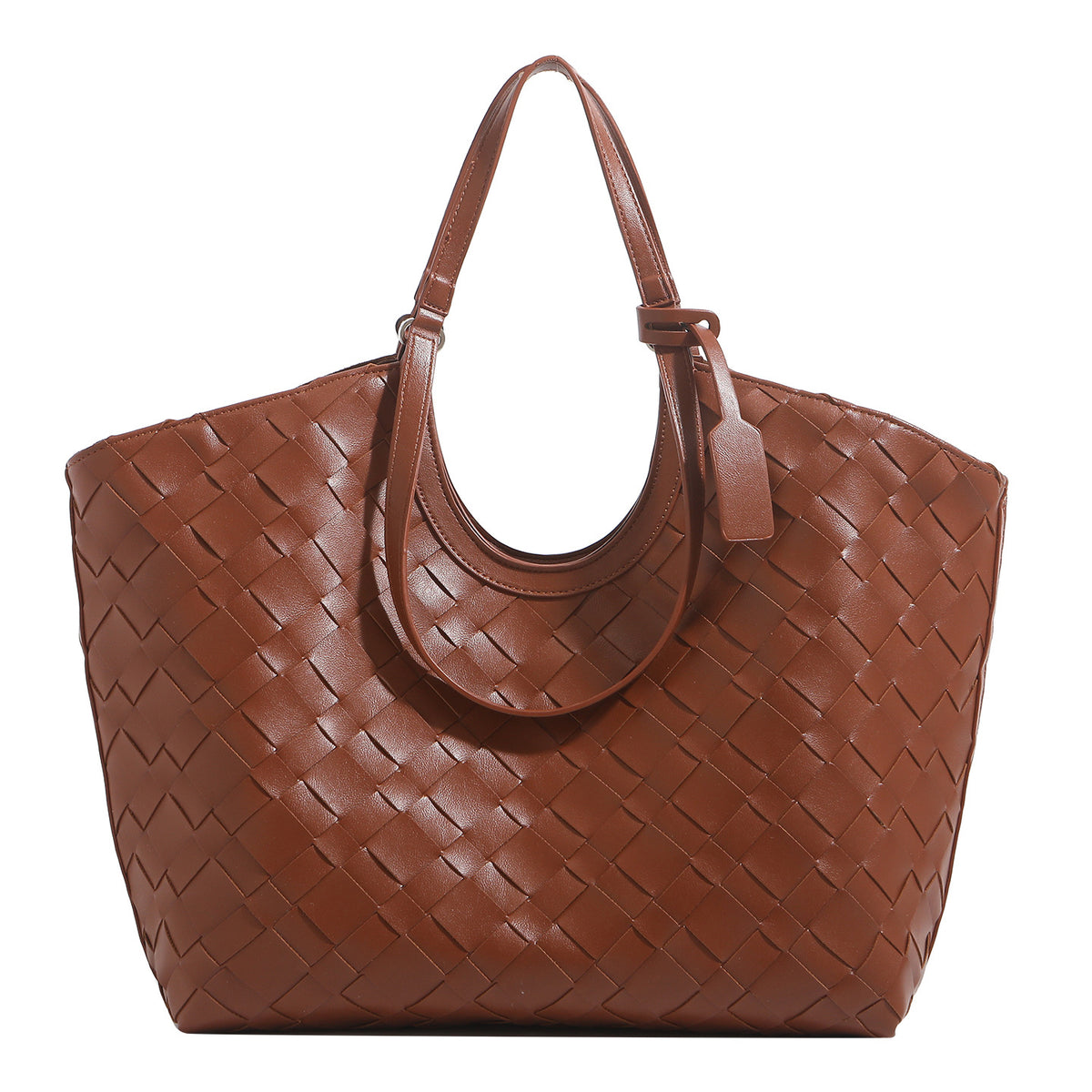 Large woven leather-look tote bag with open top and dual shoulder handles, detail view 5