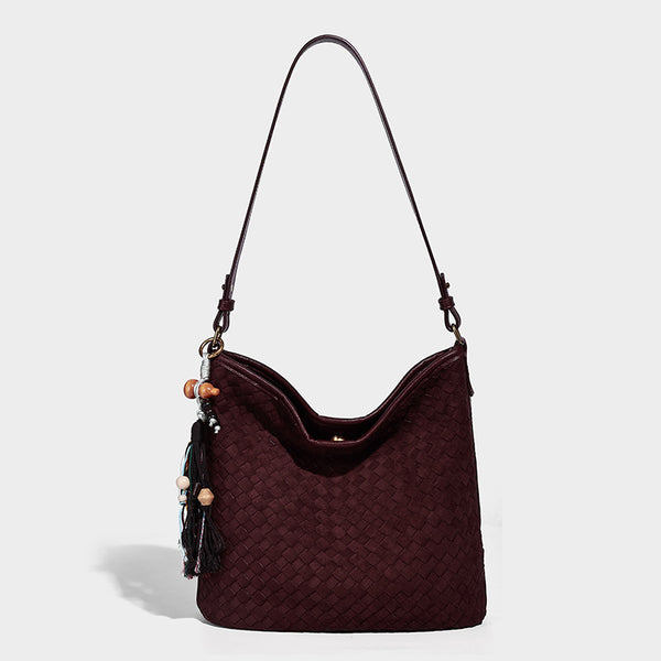 Dark chocolate woven texture hobo shoulder bag with multicolor tassel-and-bead charm and long adjustable strap, detail view 8