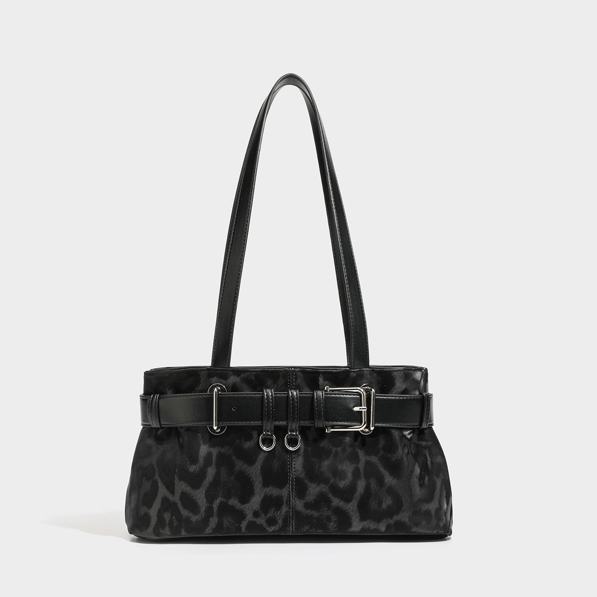 Schultertasche mit Leopardenmuster, brauner Lederoptik-Besatz, vorderem Detail mit Gürtelschnalle, silberfarbenen Beschlägen und langen