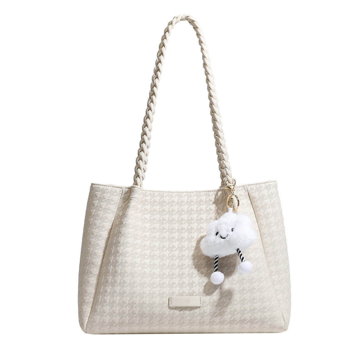 Structured geometric-embossed tote bag with braided shoulder straps and gold-tone hardware in ivory, detail view 5