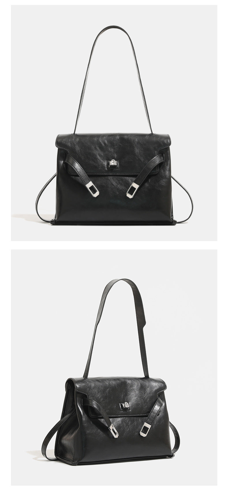 Structured rectangular flap shoulder bag in glossy leather-look finish with silver turn-lock clasp and adjustable strap