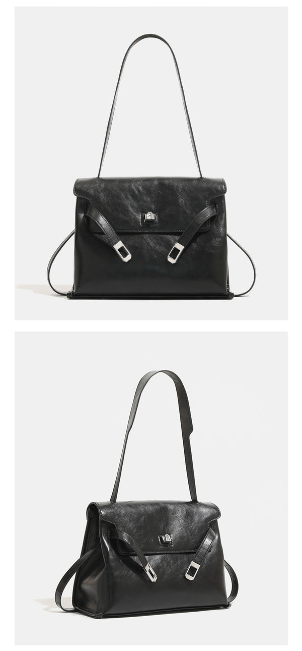 Structured rectangular flap shoulder bag in glossy leather-look finish with silver turn-lock clasp and adjustable strap