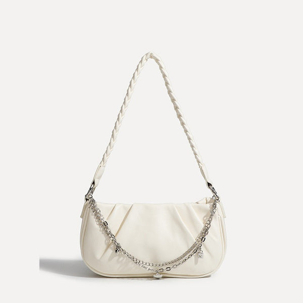 Slouchy hobo shoulder bag with gathered leather-look panels, silver-tone chain with charm pendants, and braided strap, front