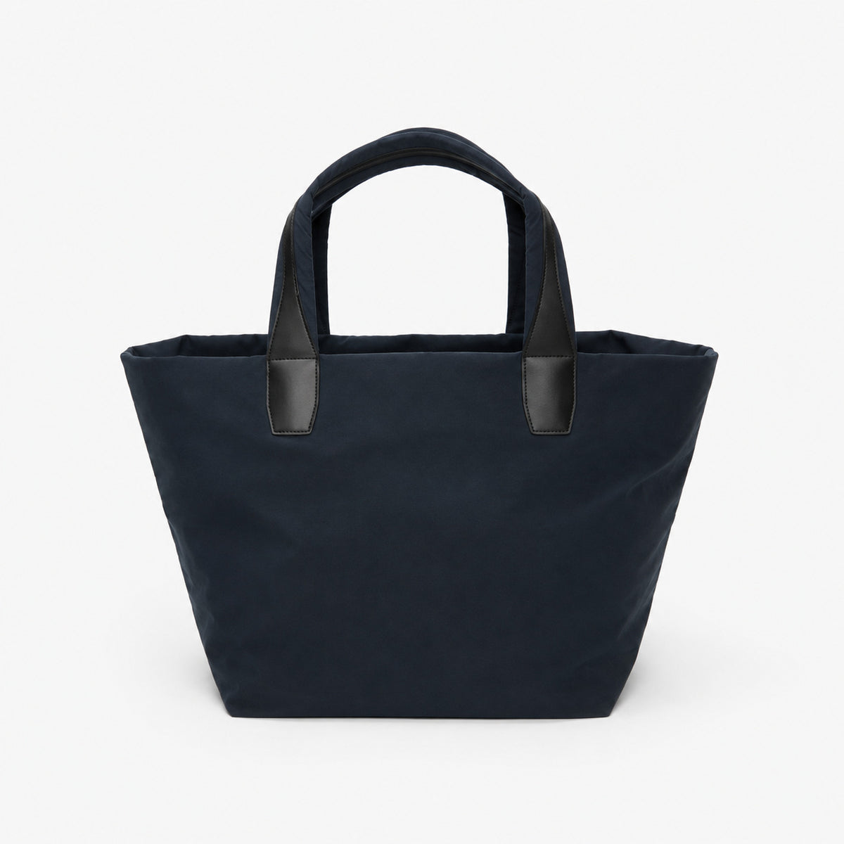 Large lightweight nylon tote bag with zipper closure, black leather-look handles, and trapezoid silhouette, detail view 7