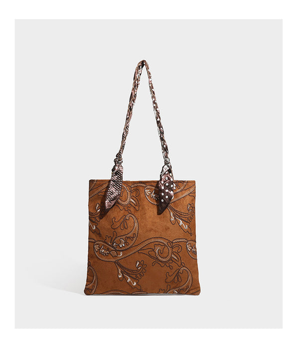 Brown suede-finish tote bag with paisley embroidery and braided fabric-ribbon shoulder strap, detail view 20