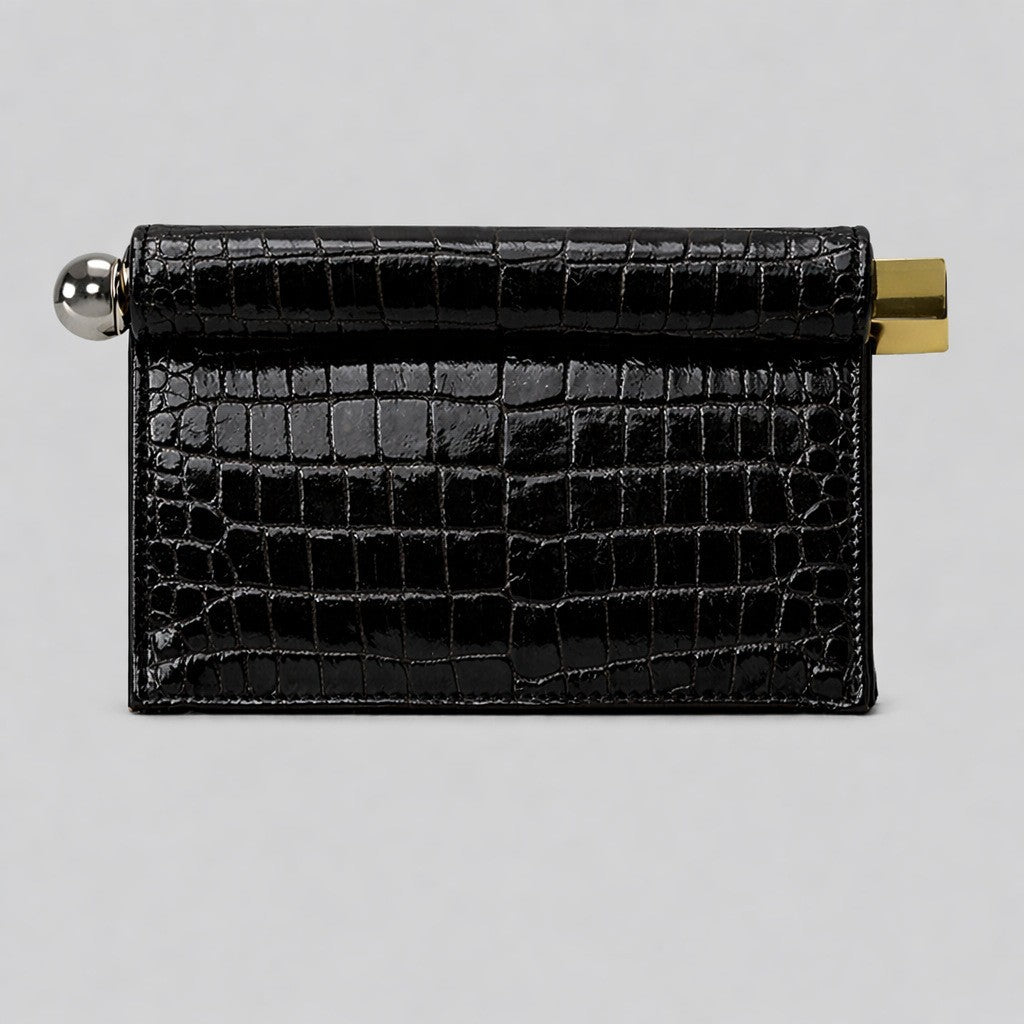 Structured rectangular clutch bag with rolled-top bar closure, gold-tone and silver-tone mixed metal hardware, detail view 12