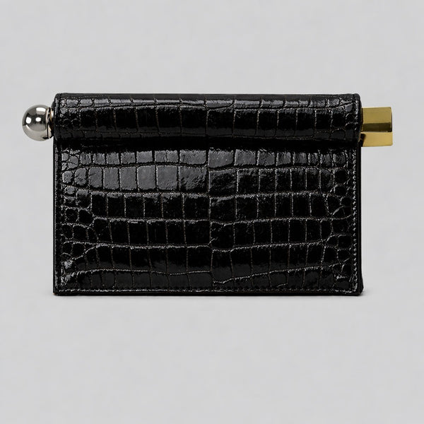 Structured rectangular clutch bag with rolled-top bar closure, gold-tone and silver-tone mixed metal hardware, detail view 12