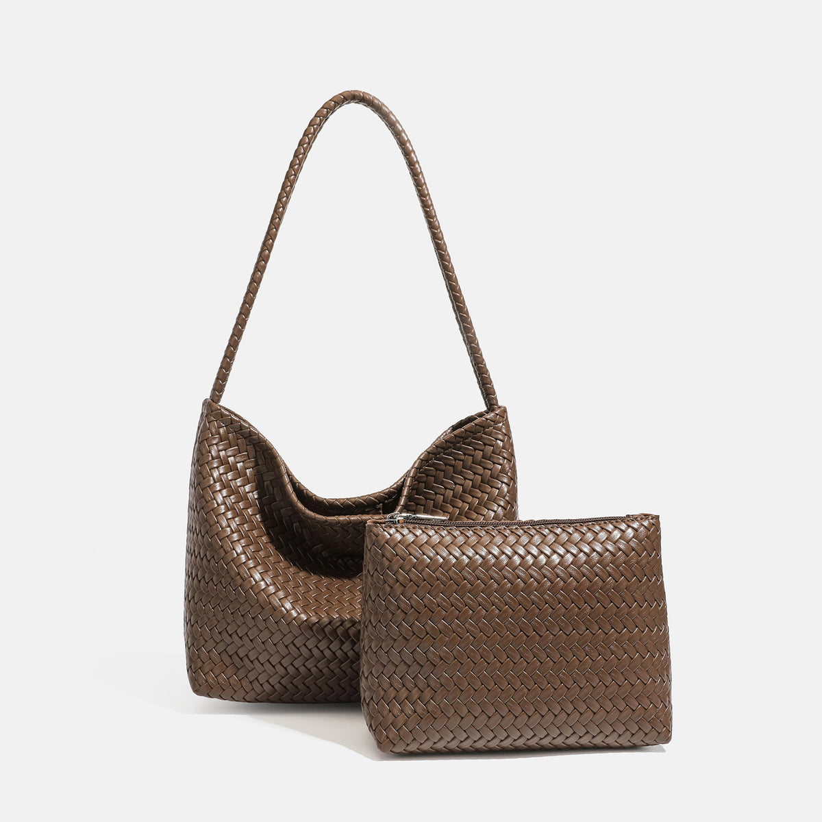 Woven leather-look hobo shoulder bag with braided strap and matching zip pouch, detail view 10