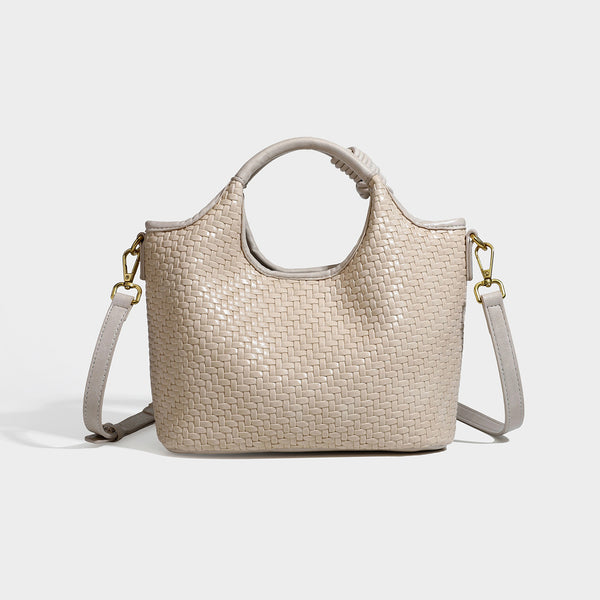 Woven leather-look tote bag in mocha brown with knotted top handle, front flap pocket, and detachable crossbody strap with