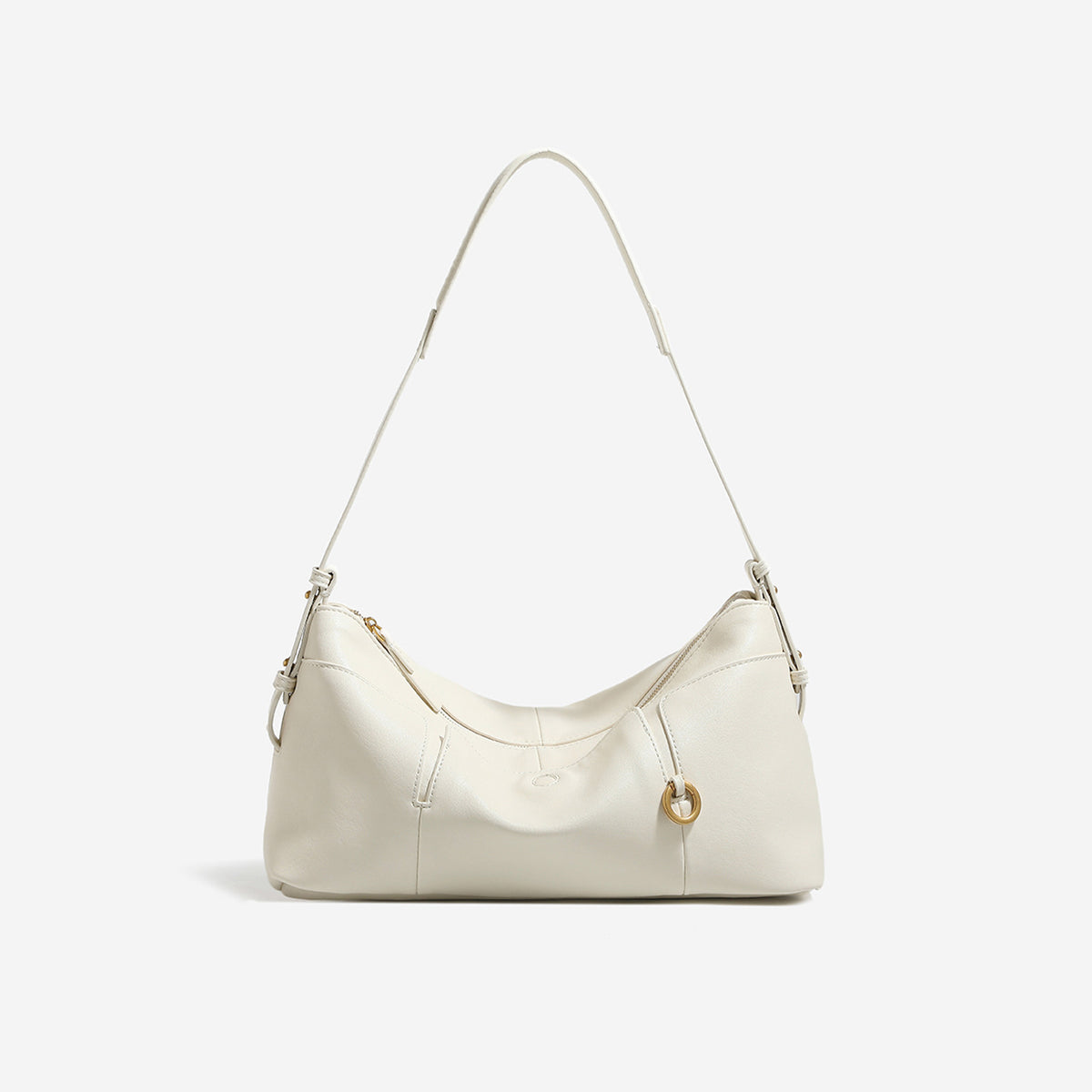 Slouchy hobo shoulder bag in smooth leather-look finish with zip closure and antique brass ring hardware, detail view 7