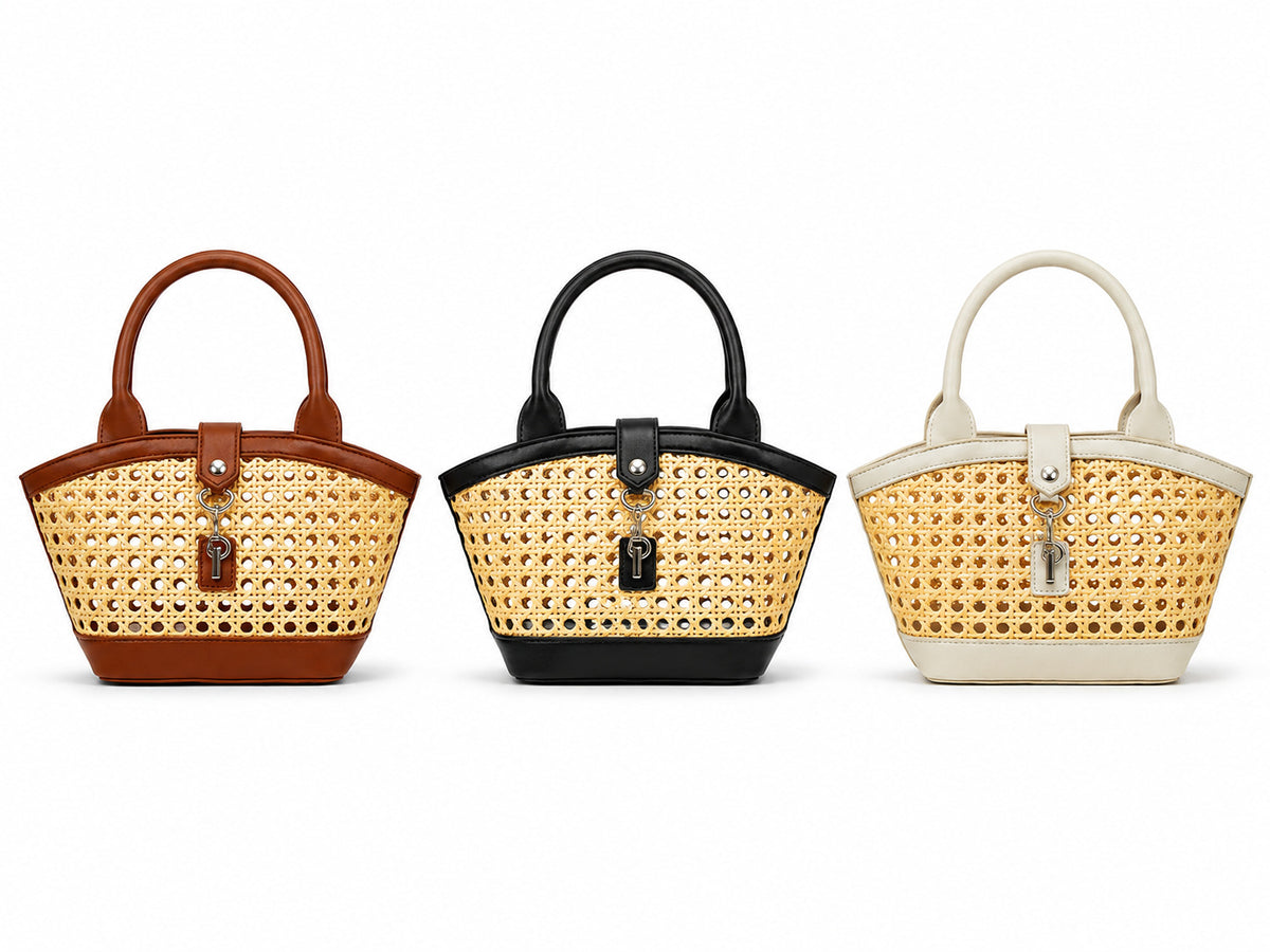 Structured mini tote bag with open-weave rattan body, leather-look arched handles and trim, front tab turn-lock closure, and