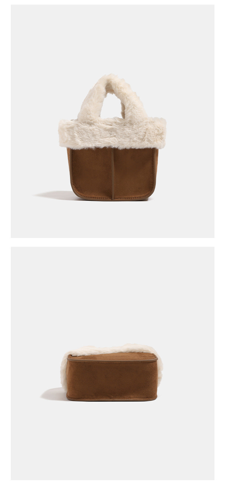 Mini structured handbag with cream faux-fur trim and suede-look textured body, shown with top handles and removable