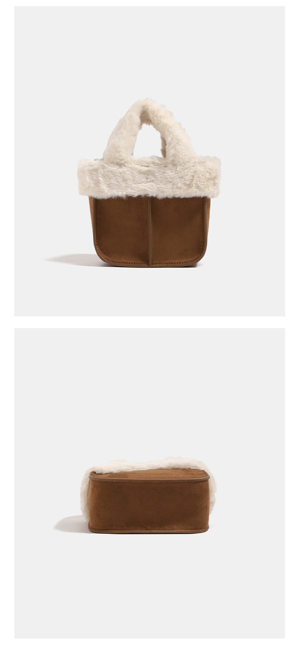 Mini structured handbag with cream faux-fur trim and suede-look textured body, shown with top handles and removable