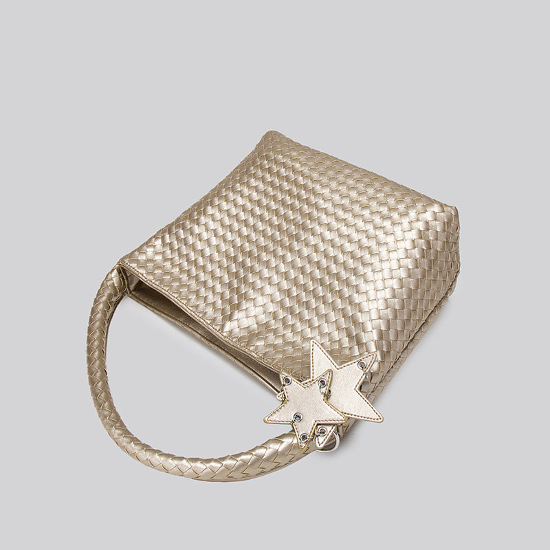 Large woven leather-look hobo shoulder bag with braided strap and star charm, detail view 4