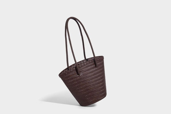 Chevron-woven bucket tote bag with braided shoulder straps and matching drawstring pouch, detail view 25