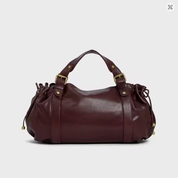Lässige Barrel-Shopper-Tasche mit seitlichen Zugbändern, zwei Tragegriffen und goldfarbenen Schnallenbeschlägen, Detailansicht 6
