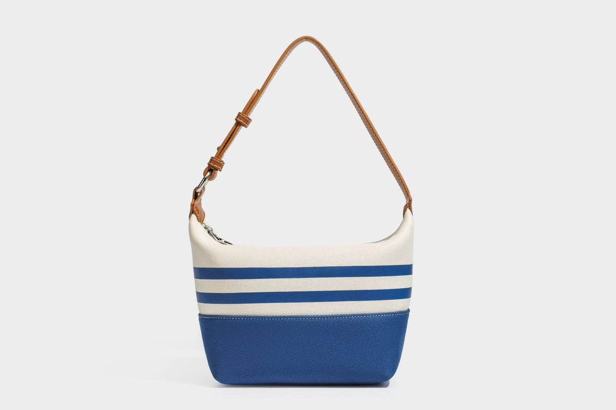 Creme-blau gestreifte Canvas-Schultertasche mit hellbraunem Riemen in Lederoptik und Reißverschluss in Silberoptik, Detailansicht 16