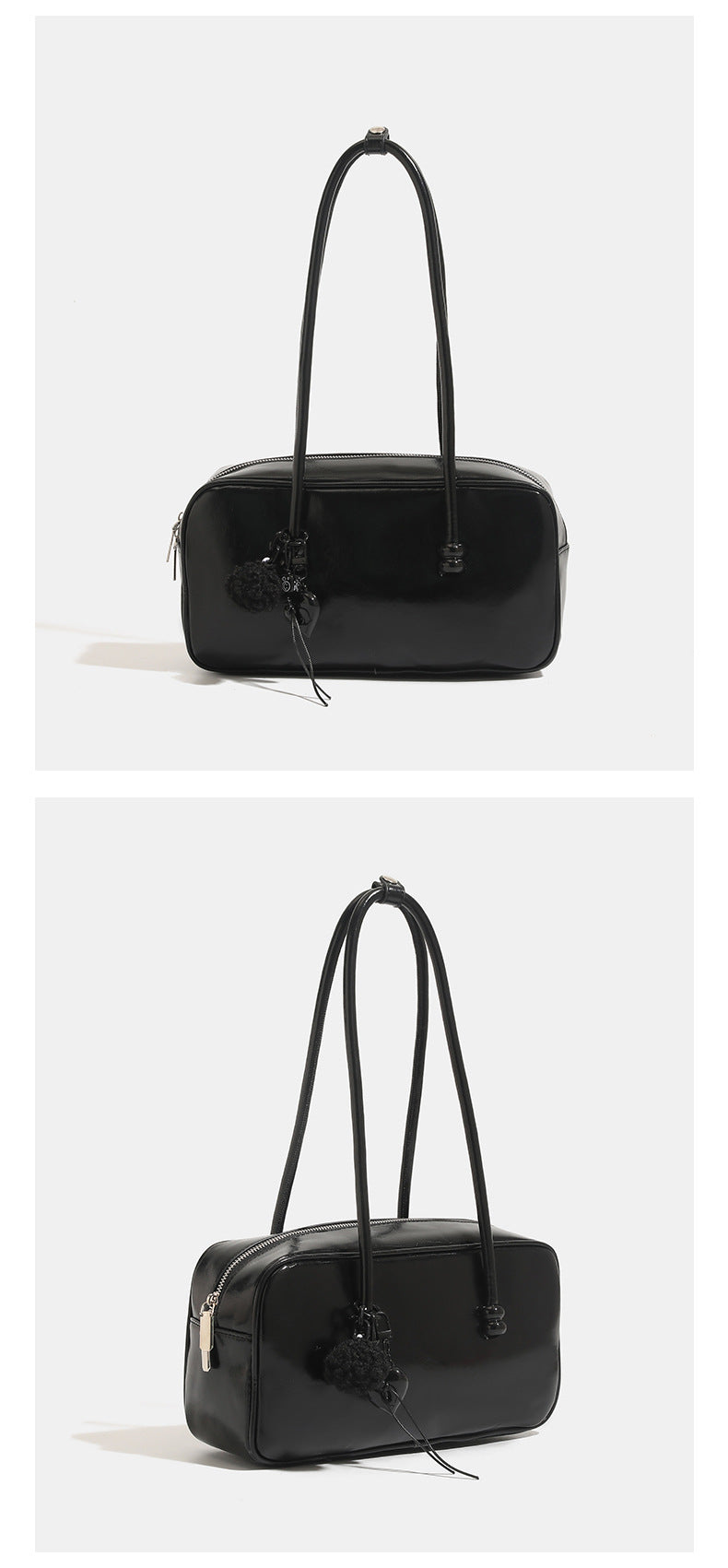 Kastige, rechteckige Bowling-Schultertasche mit glänzender Lederoptik, zwei abgerundeten Trageriemen, Reißverschluss an der Oberseite und abnehmbarer