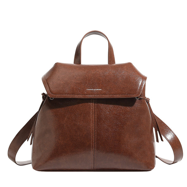 Großer Rucksack im Vintage-Stil mit Lederoptik, Klappverschluss mit Knoten aus Kordel und Tragegriff oben, Detailansicht 5