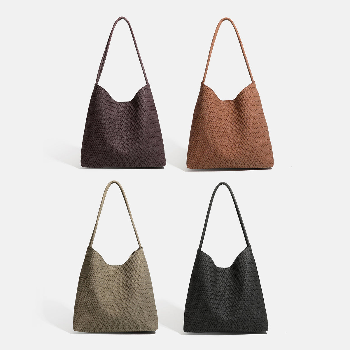 Large woven hobo shoulder bag with braided strap and matching zip pouch in dark brown, detail view 2