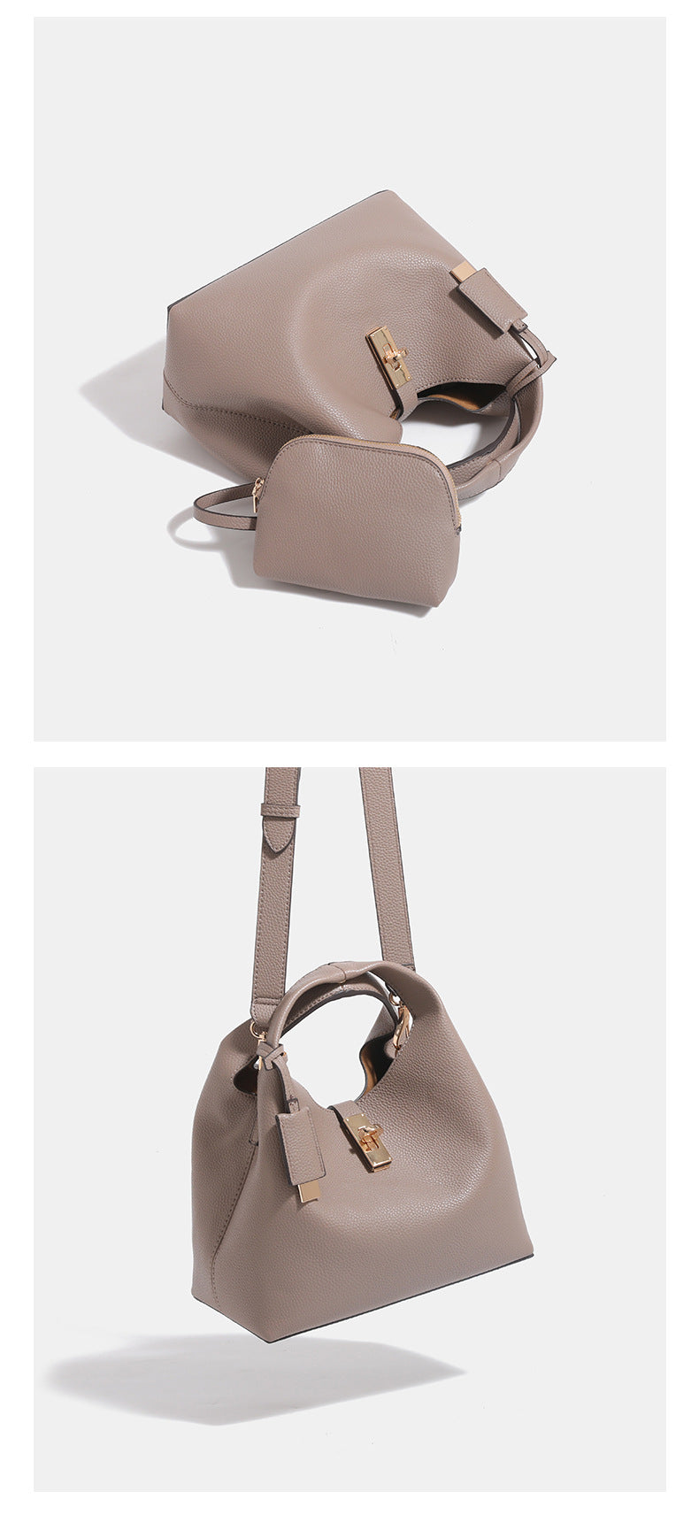 Structured pebbled leather-look bucket tote with gold-tone turn-lock hardware and looped top handle, detail view 11