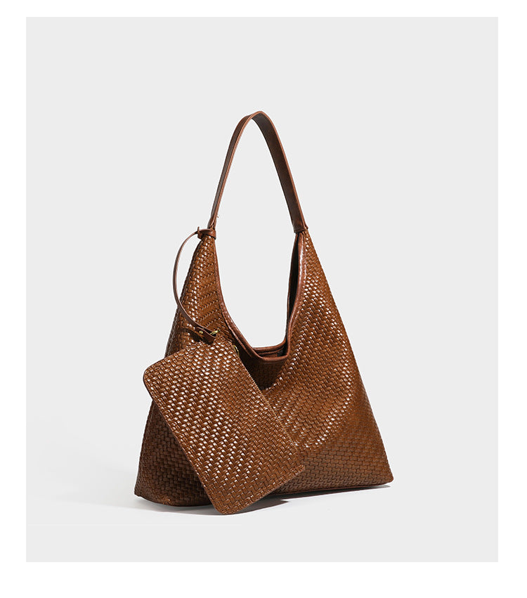 Slouchy woven leather-look hobo tote bag in brown with detachable zip pouch and gold-tone hardware, detail view 22