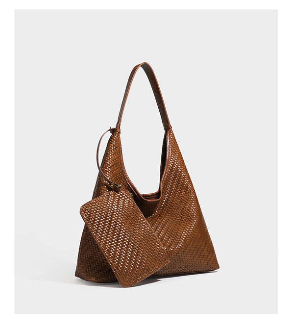 Slouchy woven leather-look hobo tote bag in brown with detachable zip pouch and gold-tone hardware, detail view 22