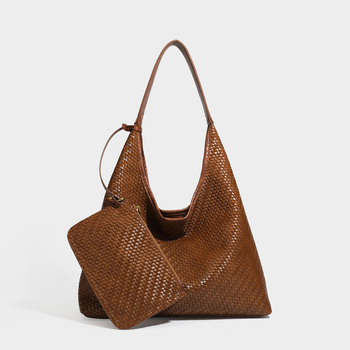 Slouchy woven leather-look hobo tote bag in brown with detachable zip pouch and gold-tone hardware, detail view 9