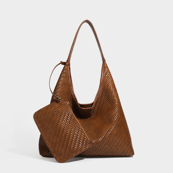 Slouchy woven leather-look hobo tote bag in brown with detachable zip pouch and gold-tone hardware, detail view 9