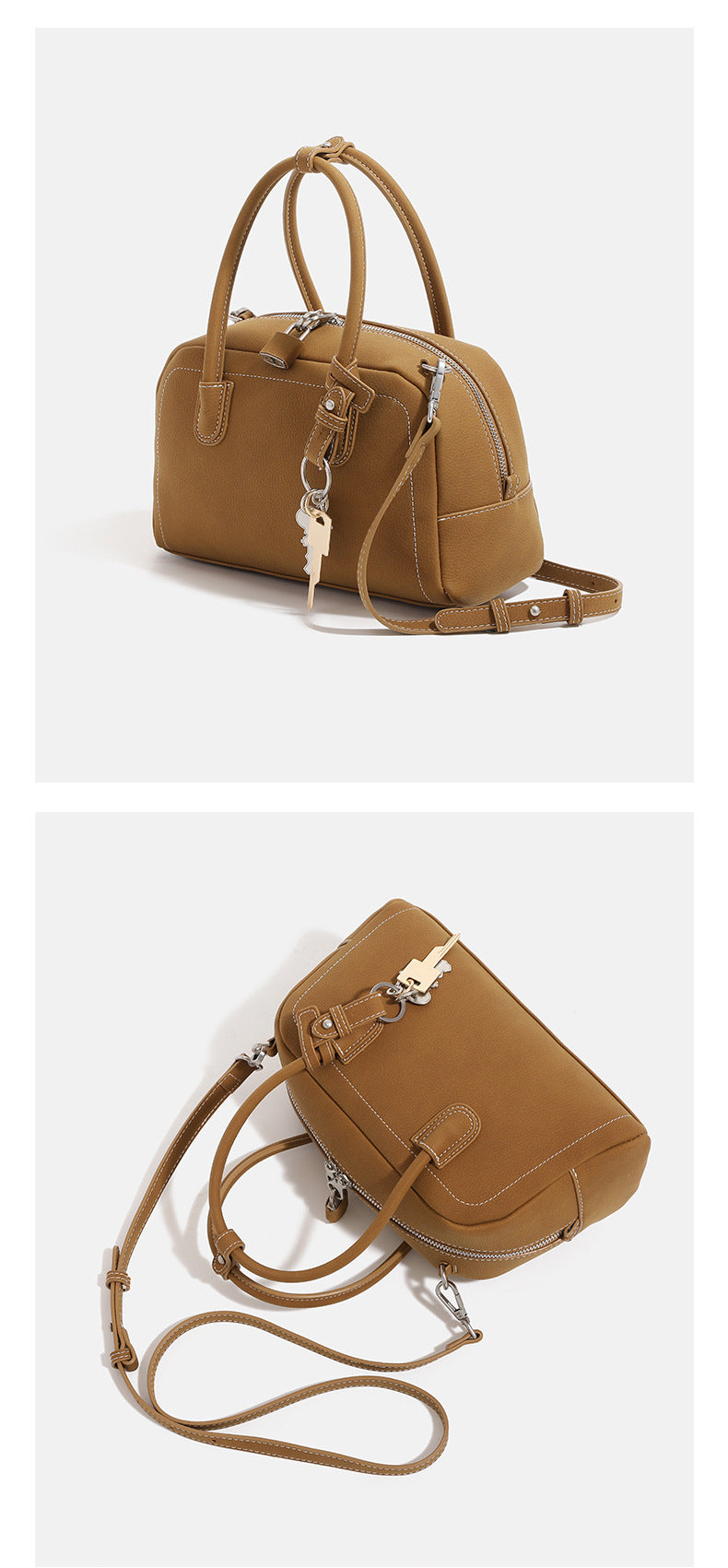 Compact retro Boston satchel bag with matte suede-look finish, twin rounded top handles, double zip closure with silver-tone