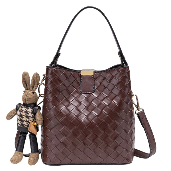 Brown woven-emboss leather-look bucket bag with short top handle, detachable crossbody strap, gold-tone hardware, and rabbit
