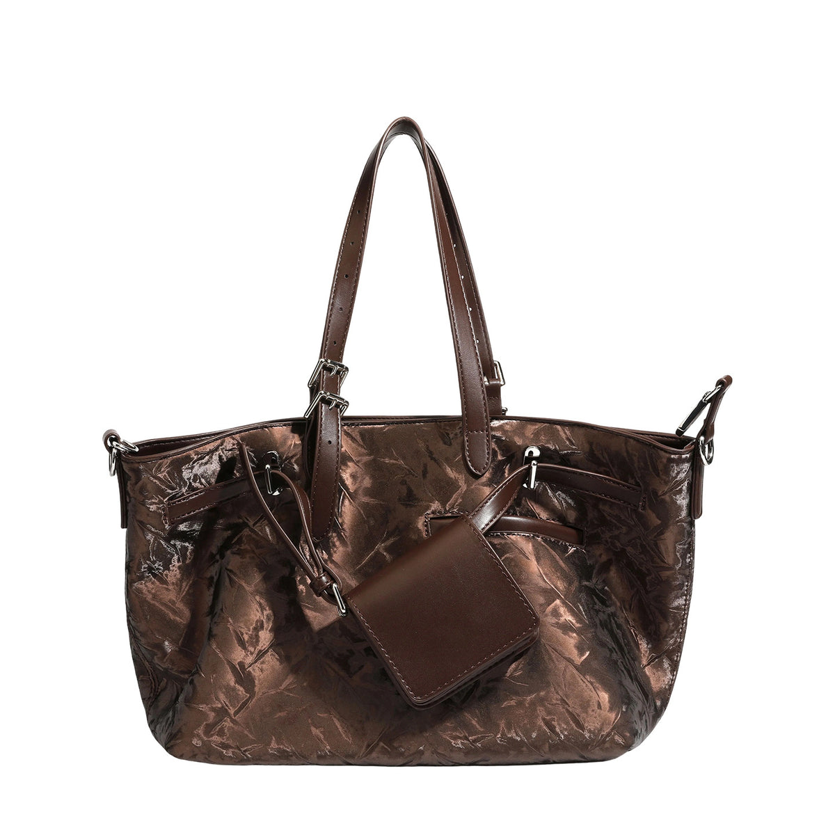 Glossy crinkled metallic-finish tote bag in brown with smooth leather-look top handles, silver-tone hardware, and attached
