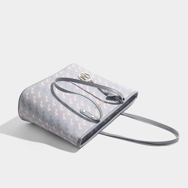 Große, formstabile Tote-Bag mit Vintage-Print, Besatz in Lederoptik, goldfarbenen Beschlägen und Reißverschluss oben, Detailansicht 4