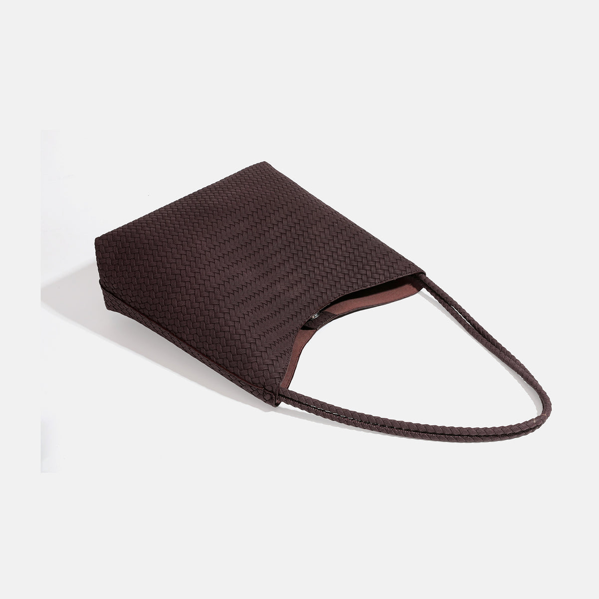 Large woven hobo shoulder bag with braided strap and matching zip pouch in dark brown, detail view 4