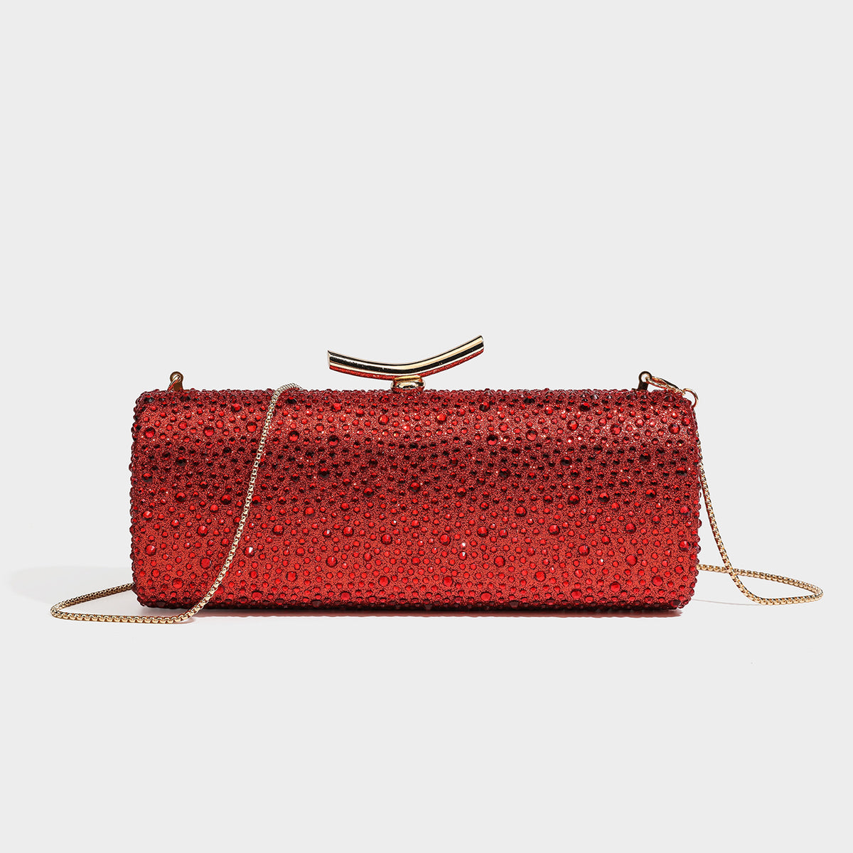 Structured rectangular hard-case clutch bag covered in all-over rhinestone crystal embellishment with curved kiss-lock top