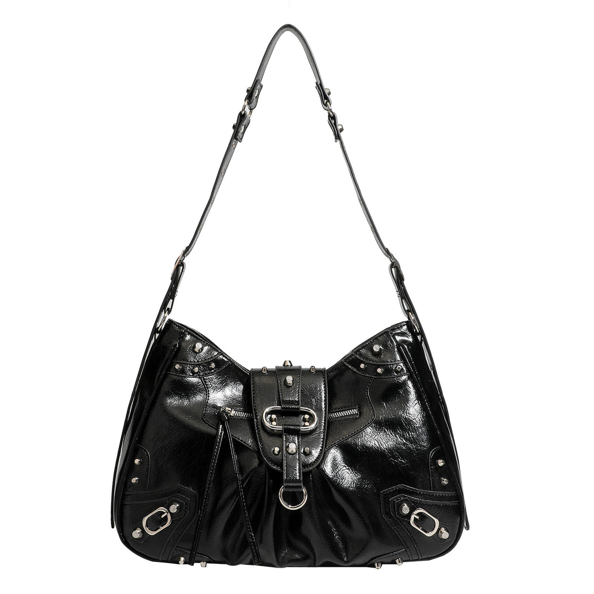 Black glossy studded hobo shoulder bag with silver rivet hardware, front buckle accent, and adjustable strap, detail view 5