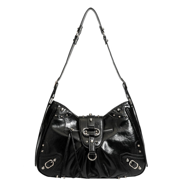 Black glossy studded hobo shoulder bag with silver rivet hardware, front buckle accent, and adjustable strap, detail view 5