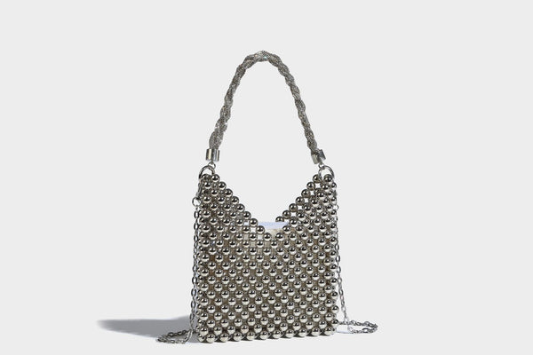 Small silver metallic beaded mini bag with braided rhinestone top handle and detachable chain crossbody strap, detail view 20