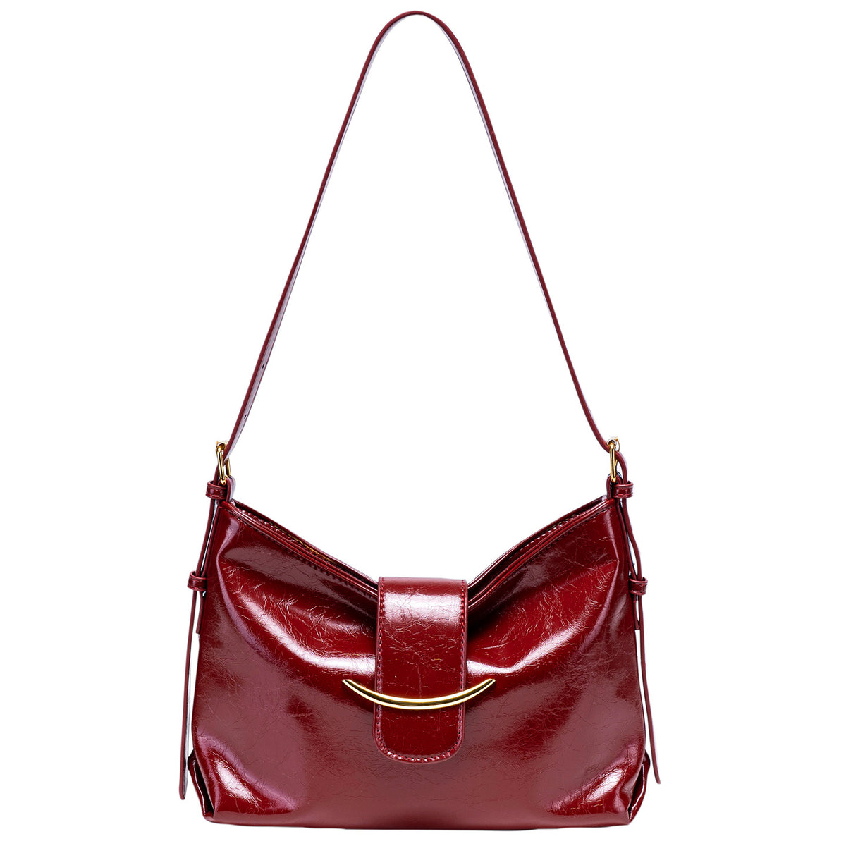 Glossy burgundy leather-look shoulder bag with curved gold-tone bar front closure, crinkled oil-wax texture, and adjustable