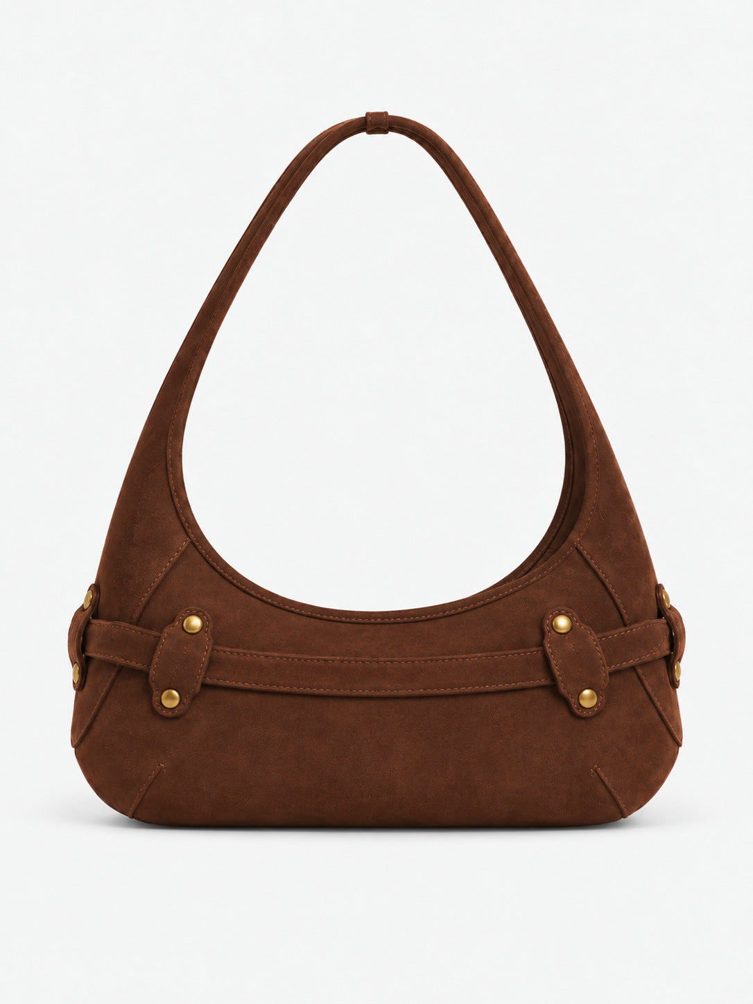 Matte suede-finish half-moon shoulder bag with gold horsebit bar hardware and dome studs, detail view 19